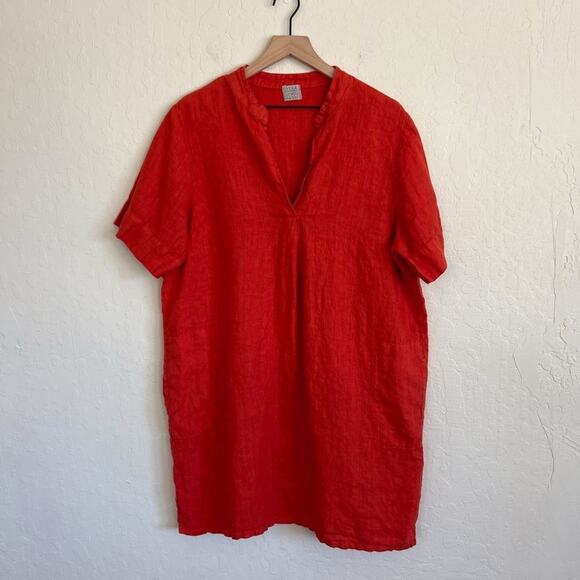 Vera Tucci Made in Italy 100% Linen Short Sleeve V-Neck Popover Dress Orange - Picture 1 of 7